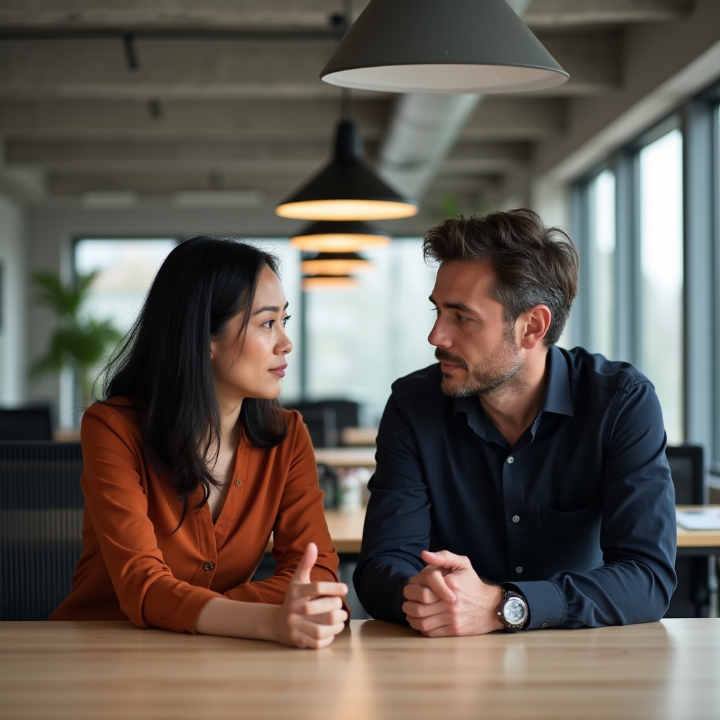 Feedbackgespräch zwischen zwei Kollegen im modernen Büro