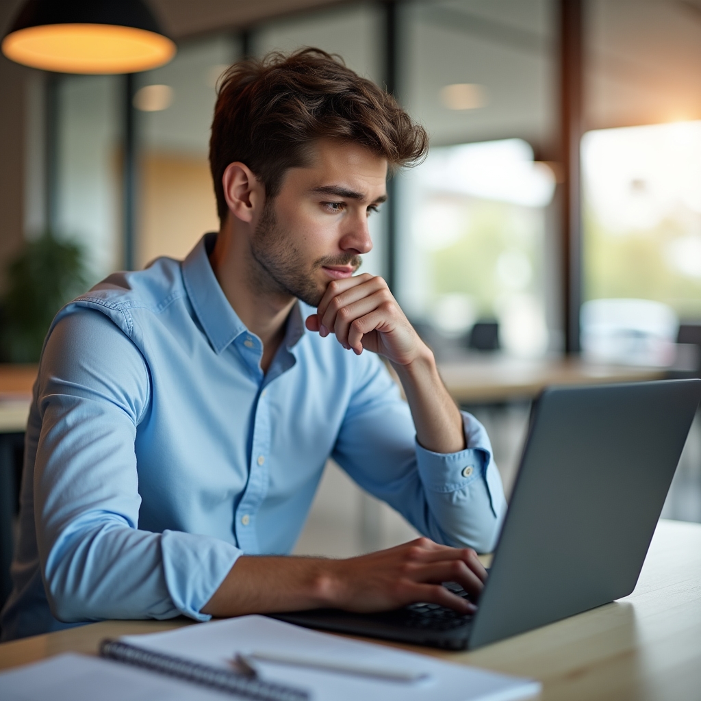 Fachkraft sitzt nachdenklich am Schreibtisch vor dem Laptop